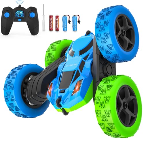 cosone Coche Teledirigido, Coches RC con Faros 2.4GHZ Juguetes de Coche Teledirigido, 4WD Off Road Stunt Car Doble Cara Giratorio de 360°, Regalos de Cumpleaños para Niños de 6 Años o Más (Azul-Verde)