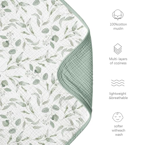 Konssy Muslin Baby Blankets for Girls Boys, 100% Cotton Crib Blanket for Infant Toddler, Super Soft and Lightweight Nursery Swaddling Wrap 40"x36" (Green Leaves)