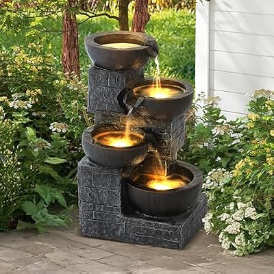 Grepatio 4-Tiers Indoor/Outdoor Garden Water Fountain, 21.9" H Cascading Water Feature Waterfalls Fountain with 4 LED Lights, Outdoor Floor Standing Water Fountains for Garden, Yard, Decor (Brown)