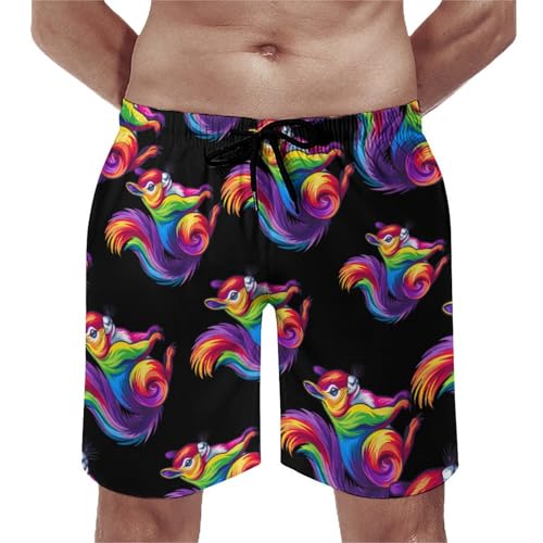 Cute Rainbow Squirrel Men's Swim Trunks Quick Dry Hawaii Board Shorts Mesh Lining Beach Swimwear with Pockets