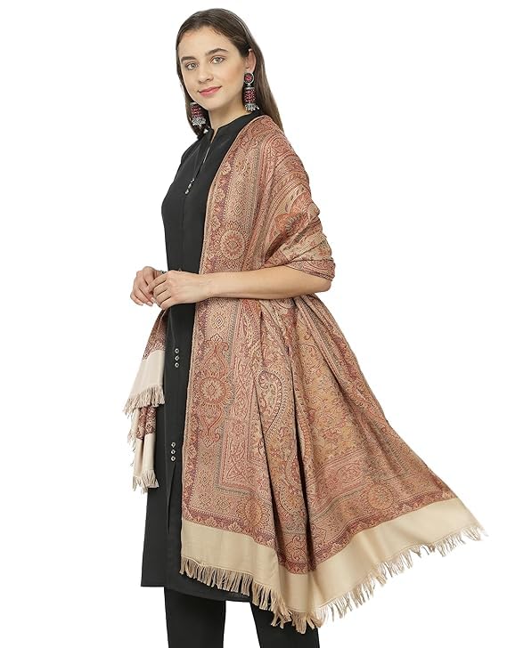 Kashmir Paisley Shawl, 100% Wool, Fringed Edges, Beige and Brown-image-46