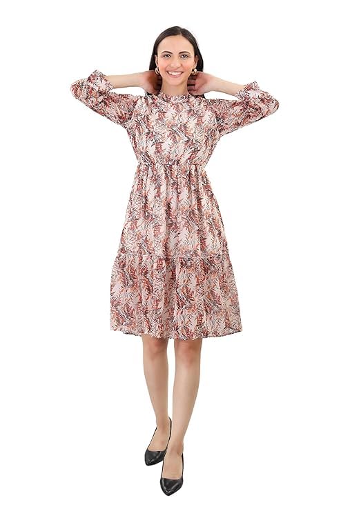 Image of A-Line Floral Printed Fit & Flared Western Brown Dress for Women | One Piece Midi Dress for Women Stylish Western Printed Dresses