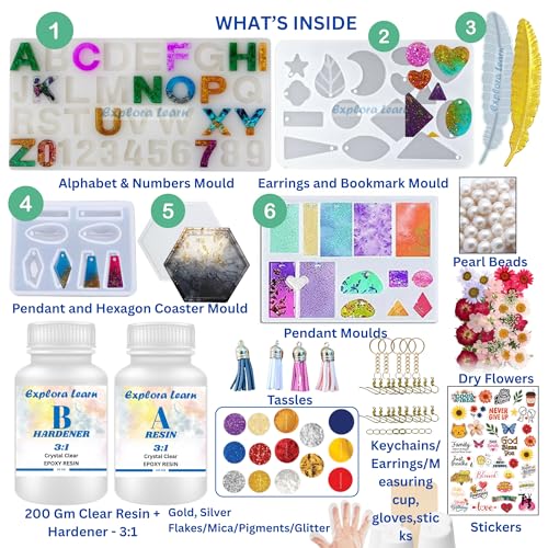 Image of exploralearn 145 Pcs Ultimate Resin Art Kit with 200g Epoxy Resin - DIY Alphabet, Jewelry, Keychains, Coasters & Bookmarks - Includes Dried Flowers, Stickers, Glitters & More