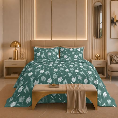 Image of Jaipur Weaves Cotton King Size Bedsheet 108x108 Super King, 100% Pure Cotton Bed Sheet with 2 Pillow Covers, 300 TC Soft Breathable Floral Design Bedding (Green Tulips, Super King)