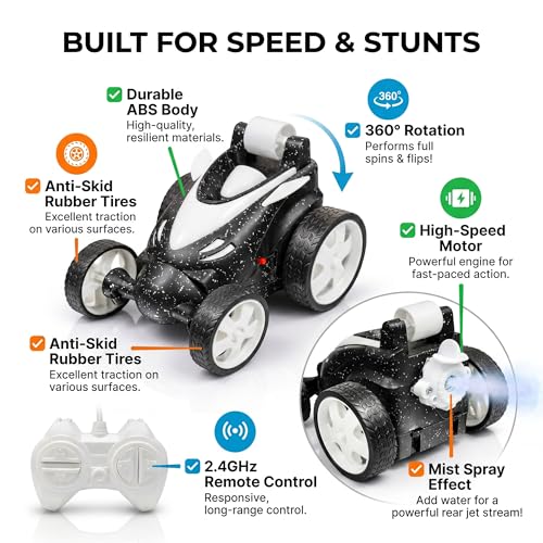 Image of SMART BOY 360 Rechargeable Remote Control Stunt Car for Kids Boys & Girls, Glitter Design with Mist Smoke Fogg Effect, Anti Skid Rubber Tires for Indoor Outdoor Safe Play 379sm Black