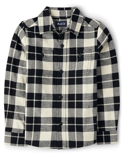 The Childrens Place Long Sleeve Plaid Flannel Button Up Shirt HAY Stack Large (10/12) Black