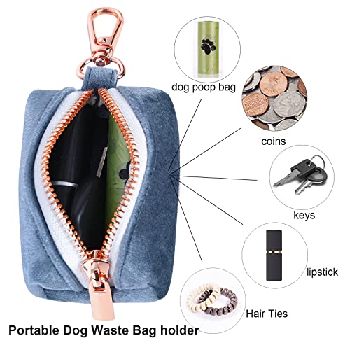 Image of ARING PET Velvet Dog Waste Bag Dispenser, Cute Blue Doggy Poop Bags Holders Attach to Any Leashes, Portable Washable Pet Waste Pouch Dispenser with Metal Zipper