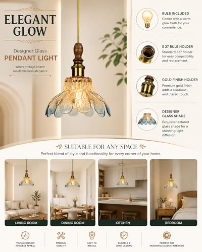 Image of Homesake Botanica Pendant Lamp | Petal Scalloped Glass Hanging Light with Solid Wood Top | Vintage European Ceiling Fixture, Pendant Light for Home Decor, Hallway, Kitchen & Balcony, (Petal, Blue)