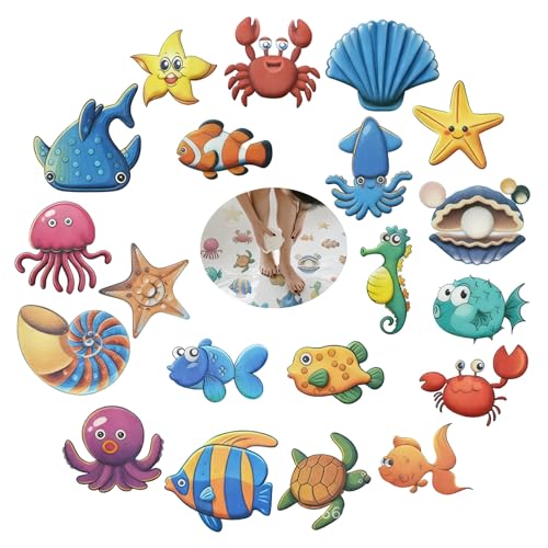 Ensemble d'Autocollants Antidérapants pour Enfants de 20 Feuilles Stickers Salle de Bain Motif Marin Antidérapant pour Baignoire Adaptés à la Douche et au Bain Grattoir en Silicone Inclus