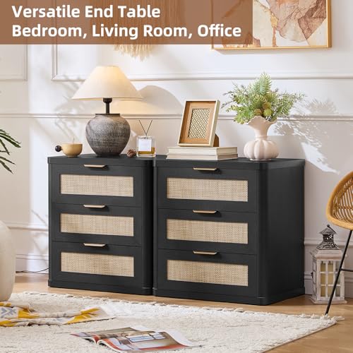 Image of LEYAOYAO Rattan Night Stand Set of 2 with Drawers, 23 inch Large 3 Drawer Boho Nightstand, Natural Wood Bedside Table Storage Cabinet, Bed Side End Tables Dresser for Bedroom, Living Room, Hallway, Closet