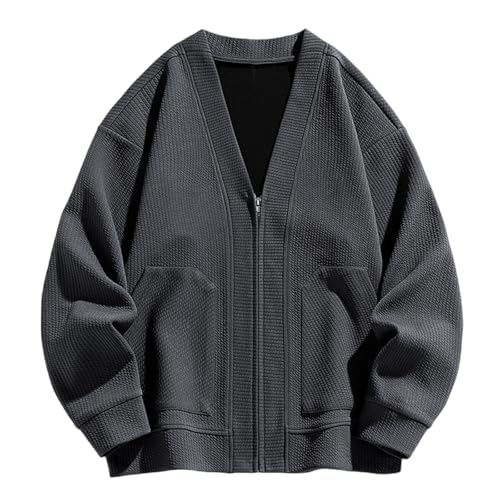 Akklian Mens Cardigan Sweaters Classic V Neck Zip Up Sweater Casual Plain Knitted Cardigans Oversized Loose Fit Outerwear