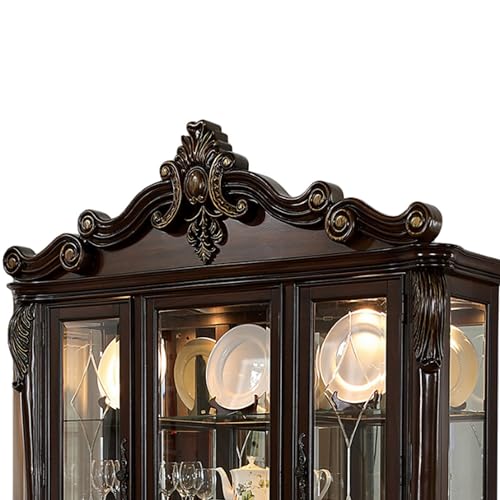 Benzara Zenie Buffet Cabinet and Hutch, Classic Carved, Solid Wood, Cherry Brown and Black