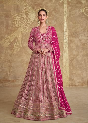 Image of Miss Ethnik Women's Pink Chinon Stitched Gown with Dupatta Full Sleeve Embroidered Anarkali Gown (ME-1275)