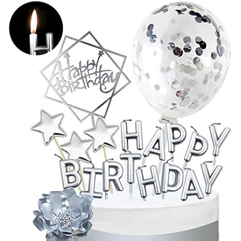 MOVINPE Slivery Cake Topper Decoration with Sliver Happy Birthday Candles Happy Birthday Banner Confetti Balloon Stars For Rose Gold Theme Party Decor Boy Girl Kid Men Women Birthday Party Baby Shower Cover