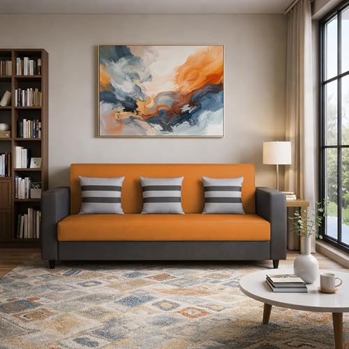 Image of Casaliving Amara 3 Seater Sofa Set for Living Room (Black Orange Colour Fabric) Premium Fabric Sofa