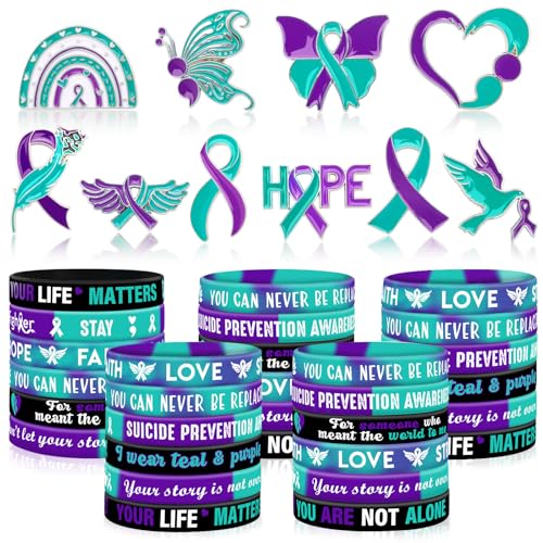JUNEBRUSHS 60PCS Suicide Prevention Awareness Party Favors Purple Teal Ribbon Lapel Pins Inspirational Silicone Bracelets for Suicide Prevention Awareness Inspirational Favor Charity Campaign Supplies
