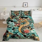 Chinese Loong Comforter Set for Kids,Propitious Cloud Bedding Set Teens Boys Room Decor,Exotic Chinese Style Comforter with 1 Pillowcase for All Seasons,Twin