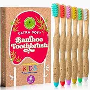 SmartLifeco Kids Bamboo Toothbrushes (6 Pack) – Extra Soft Bristles for Toddlers Teeth | Zero Waste Tooth Brushes for Children | Natural Wooden Child Size Handle | BPA Free, Eco-Friendly