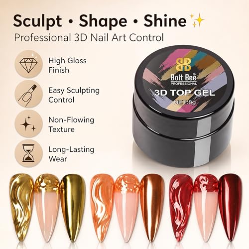 Image of Bolt Bee 3D Top Gel Nail Polish - Semi-Solid Modeling Gel, 8g | DIY Nail Art, Stick-On Drill Trim, Mixable Color Glue for Chrome, Metallic & Glossy Finishes