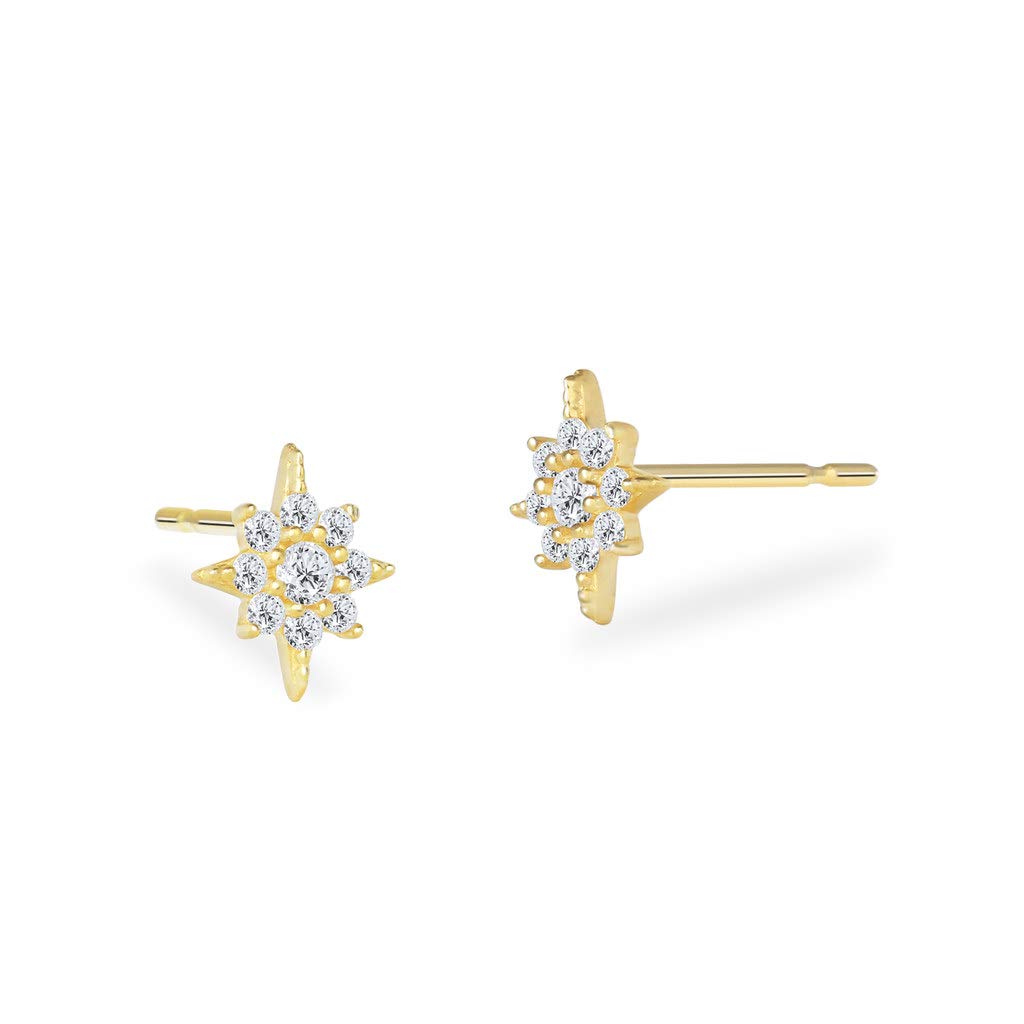 14K Real Gold Crystal Clear CZ Accent Starburst Style Stud Earrings