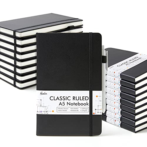Feela 18 Pack Journal Notebook For Work, Business Notebook Bulk Hardcover Lined Writing Journal With Pen Holder For Men Women Note Taking, With 18 Black Pens, 120 Gsm, 5.1”X8.3”, A5, Black #TOP10