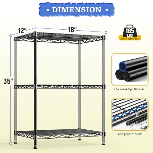 Image of DurayLoly 3 Tier Metal Wire Storage Shelves,Adjustable Small Wire Shelving Unit,Utility Storage Rack for Kitchen,Bedroom,Laundry Room,Pantry & Office,17.7 inchWx11.8 inchDx35.4 inchH,Black,2pc