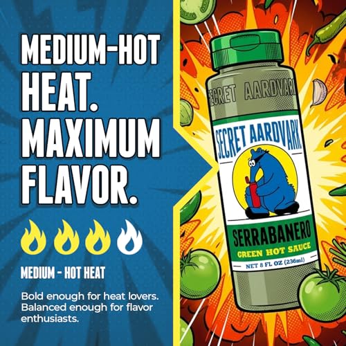 Image of Secret Aardvark Serrabanero Green Hot Sauce, Non-GMO, 8 fl oz | Serrano Habanero Tomatillo Marinade, Low Sugar, Low Carb, Vegan, Dairy-Free, No HFCS, For Tacos