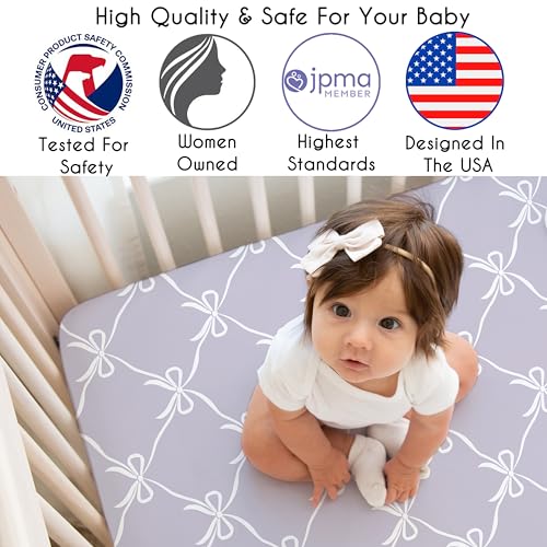 Image of Sweet Jojo Designs 2-Piece Baby Crib Sheets Set (Purple and White Bows) for Girls, Infant Nursery, Toddler Room - Fitted, Standard Size (Lavender Bow for Shabby, Ballet, Ballerina Princess Collection)