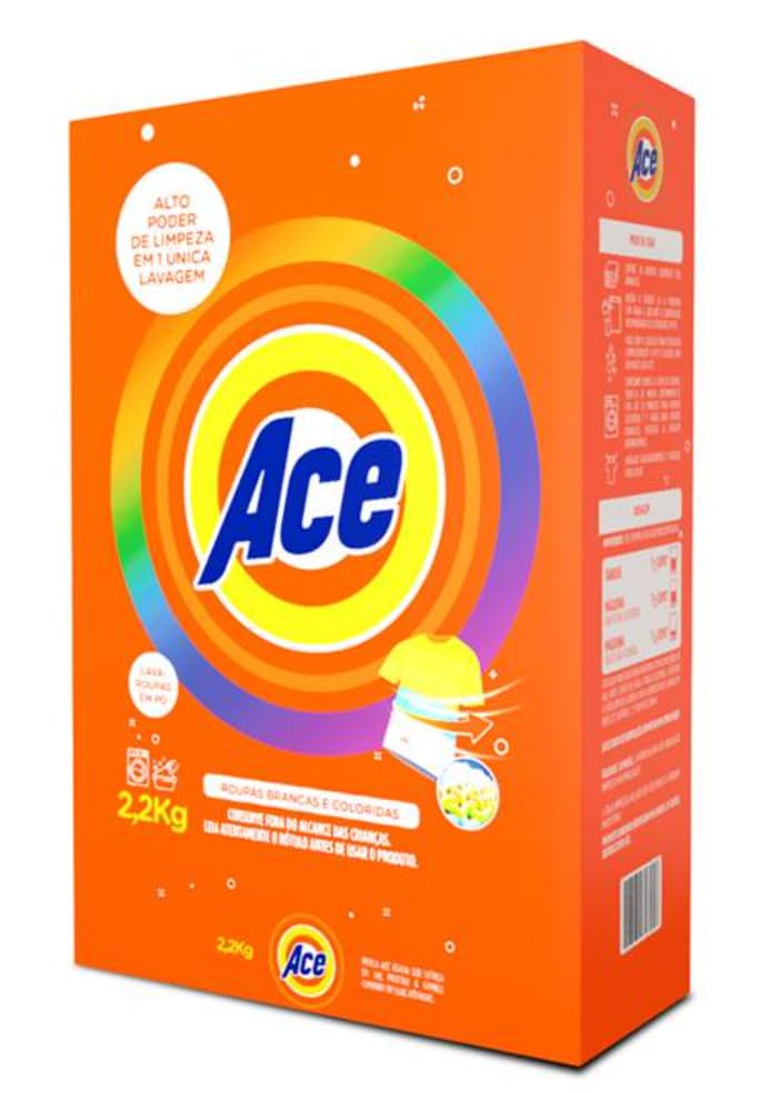 Sabão em Pó Ace Detergente em Pó para Roupas Brancas e Coloridas, Alto Poder de Limpeza, 2.2kg