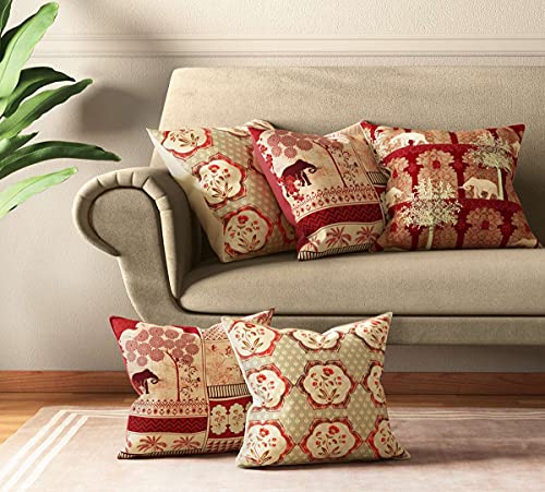 Image of India Circus by Krsnaa Mehta Ancient Haathi Multicolor Satin Blend Cushion Pillow Covers Set of 5 (16 x 16 Inches)
