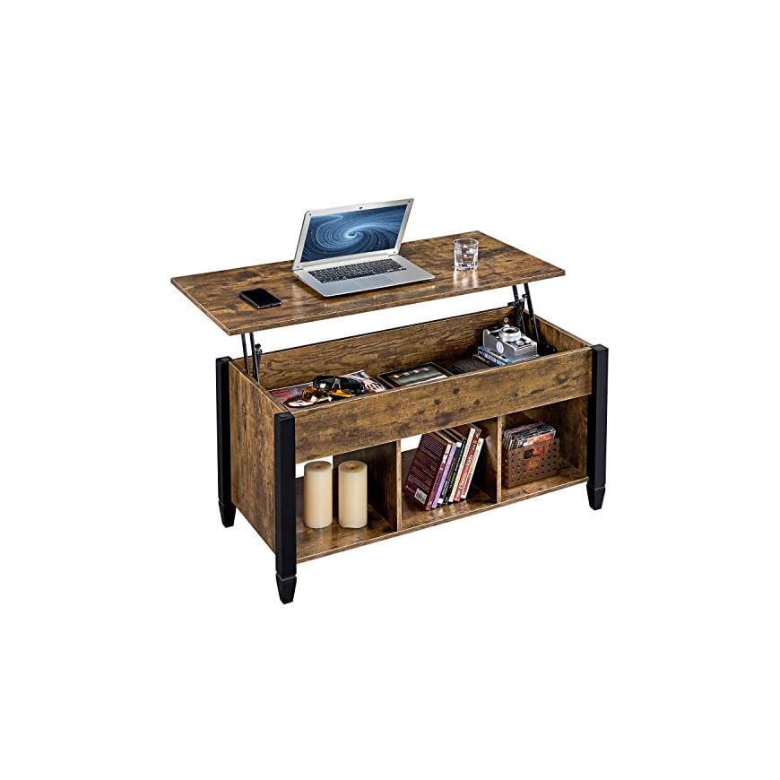 YAHEETECH Rustic Style Lift Top Coffee Table with Hidden Storage Compartment & Shelf, Lift