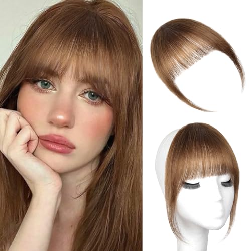 LEEONS Clip in Bangs 100% Real Human Hair, Wispy Bangs with Temples Hairpieces, Easy Clip-On Natural Looking Soft Layered Fringe, LightBrown Fake Bangs for Women Daily Wear Halloween Party