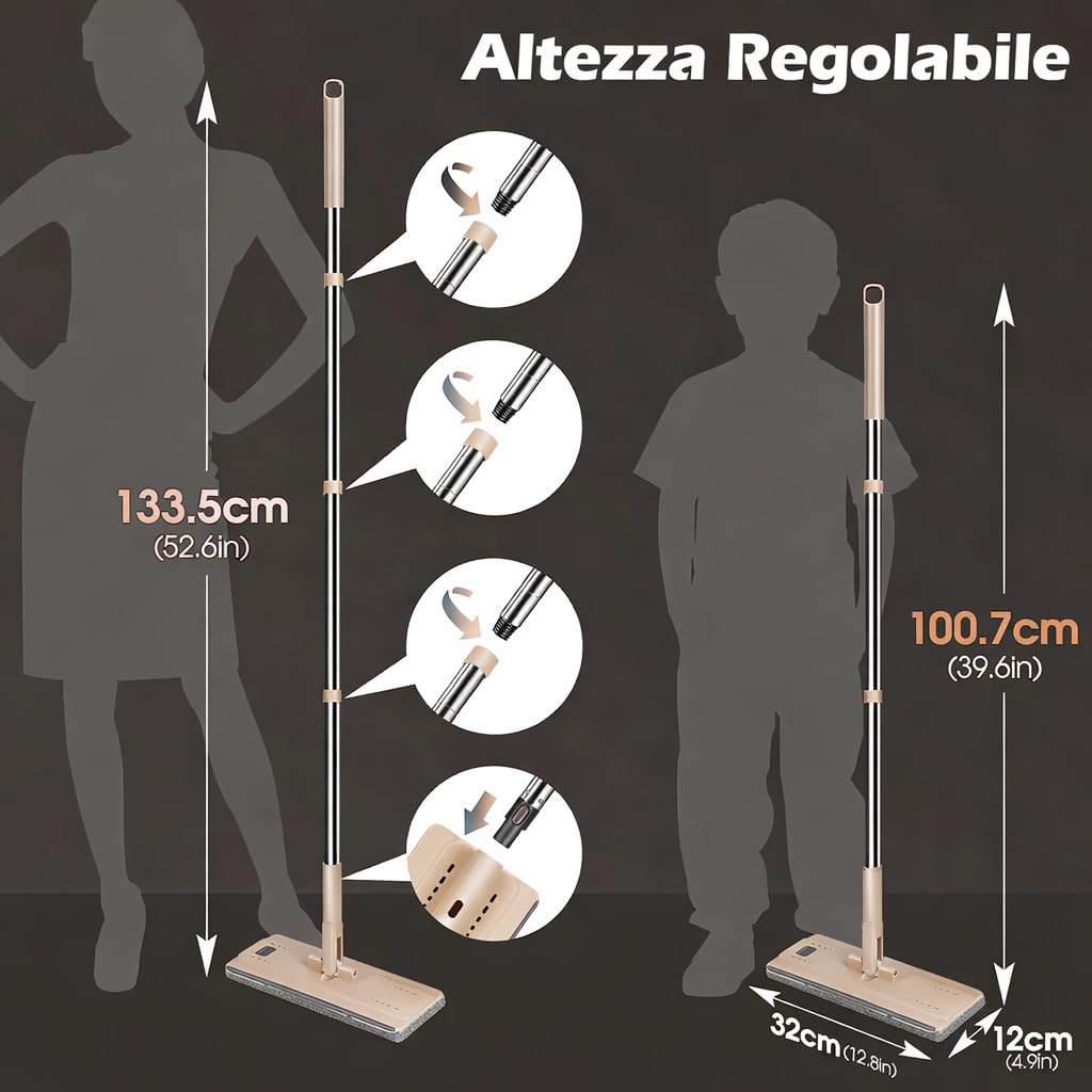 Mocio con Secchio e Strizzatore, Mop Piatto con 6 Panni in Microfibra, Manico Telescopico in Acciaio Inox 132 cm, Lavapavimenti per Casa, Piastrelle e Parquet, Colore Beige