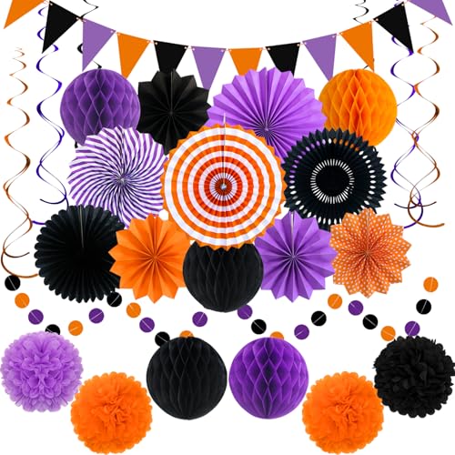 Image of 26 Pcs Halloween Party Decorations Kit, Paper Fans Pom Poms Banner 8-16 in | Orange purple black fans, pom poms, honeycomb balls, banner, swirls for Halloween birthday, indoor outdoor party decor