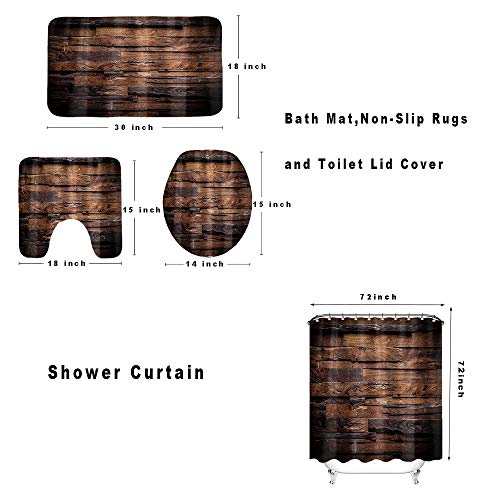 OuElegent 4 rustikale Holz-Duschvorhang-Sets mit rutschfestem Vorleger, WC-Deckelbezug und Badematte, braune… – Bild 6