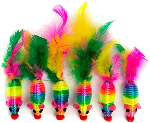 Cat Toys Mice - Rainbow Rattle Mouse with Feather Tail for Pets/Cat/Kitten- 6 Pcs