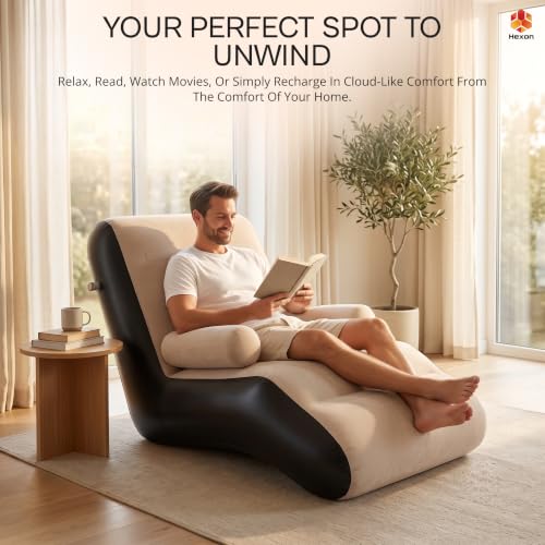 Image of Hexon Cultbuzz Inflatable Sofa Chair, PVC Flocking Lazy Recliner Air Sofa, Foldable 2-in-1 Lounge Bed with Armrests and Air Pump, Portable Indoor Outdoor Chair for Home Camping, Brown