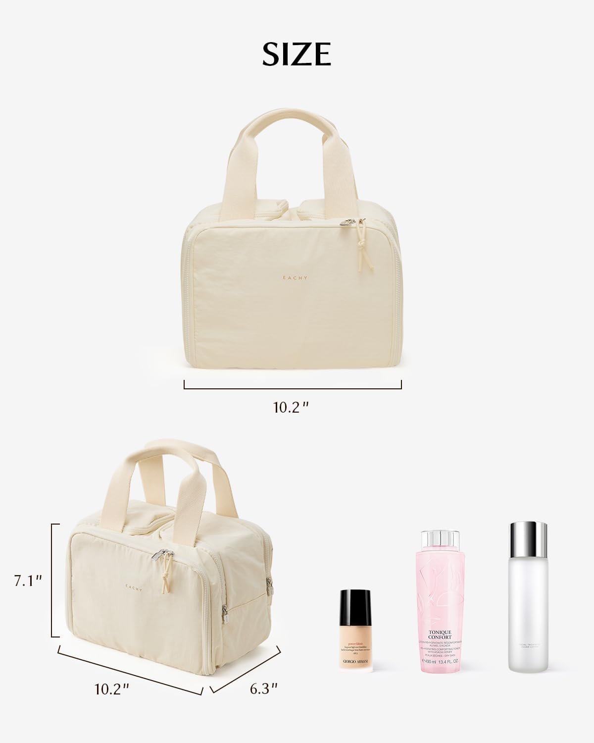 EACHY Travel Makeup Bag with Handle, Large Capacity Makeup Organizer, Waterproof Cosmetic Bag for Women, Wide-Open Design, Portable Toiletry Case for Travel, Accessories, and Essentials (Beige)