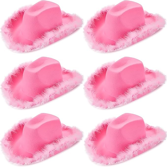 LYCN 6 sombreros de vaquero rosa para mujer, de fieltro rosa, sombrero de vaquero occidental con ribete de plumas mullidas para bodas, despedidas de soltera, fiestas de cumpleaños, cosplay, Rosa., 45