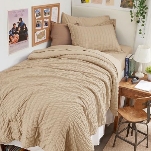 Image of HYMOKEGE Khaki Twin Comforter Set Seersucker 5 Pieces, All Season Luxury Bed in a Bag for Bedroom, Bedding Set with Comforter, Sheets, Pillowcase & Sham