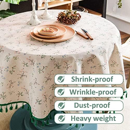DINGC Round Tablecloth Floral Print Cotton Linen, Round Table Cloth Tassel Washable, Round Tablecloth Decorate Wipe Clean used of Dining Table, Living Room, Picnic 150cm/59in (Beige), Green Tassel