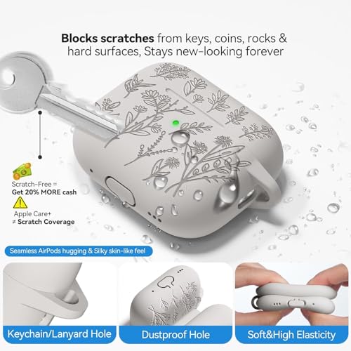Image of Meyaar Silicone Case for AirPods Pro 3 Floral Embossed, Flower Engraved Soft Silicone Cover with Keychain, Anti-Scratch, Shockproof Protective Case Cover (Light Grey, for AirPods Pro 3 (2025))