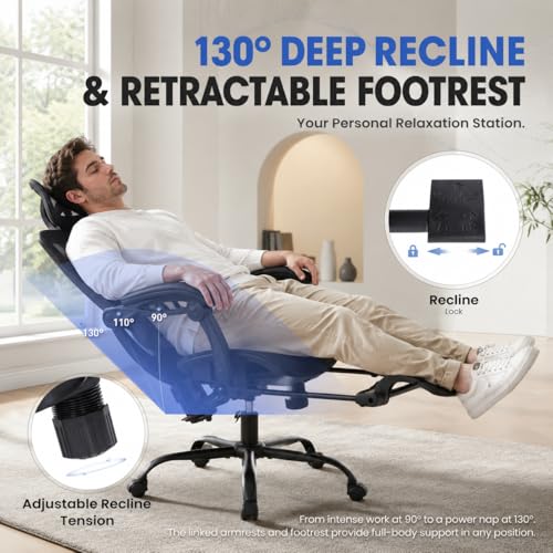 Image of MALOL Ergonomic Mesh Office Chair with Footrest, High Back Desk Chair with 5-Level Adjustable Lumbar Support, 3D Headrest, 130 Reclining Backrest, Adaptive Armrests, Home Office Computer Chair, Black