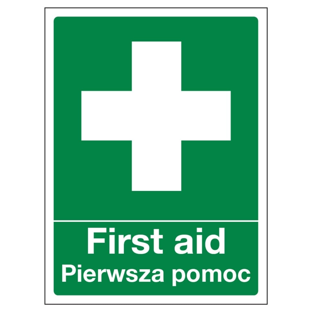 V Safety English/Polish - First Aid 200 x 300mm - 2mm Rigid Plastic Safety Sign