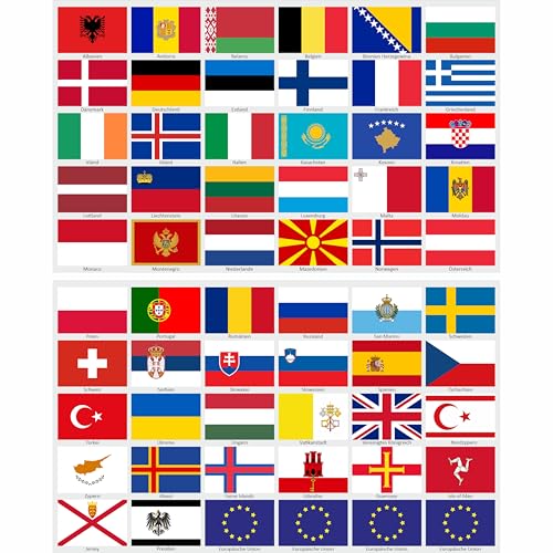 beihaasnatuerlich Europa Länderflaggen Aufkleber Set – 60 Rechteckige Flaggen Sticker auf 2 Bögen, Wasserfest & UV-beständig, 5 x 3,3 cm für Modellbau, Koffer, Dekoration