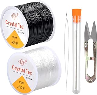 Elastic Stretch Thread, 0.8mm x 50m Invisible Wire with with Beaded Needle Scissors, Crystal String Bead Cord, 2Pcs Black+White Threads for DIY Jewelry Making, Necklace Bracelet Beading Thread