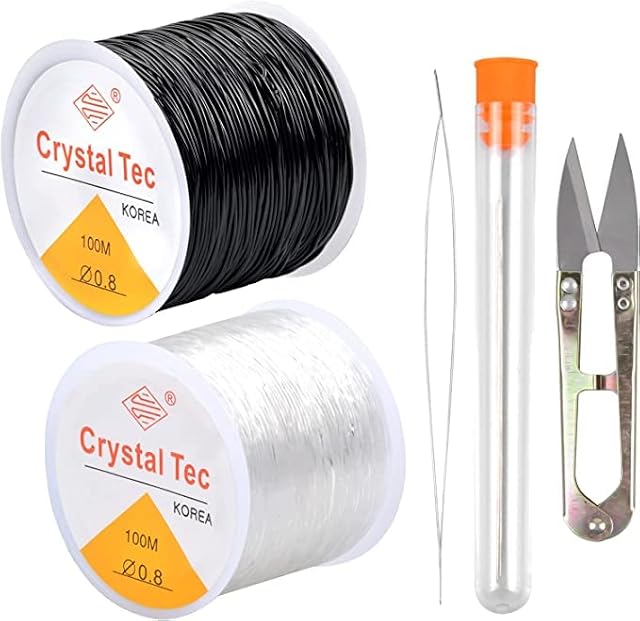 Elastic Stretch Thread, 0.8mm x 50m Invisible Wire with with Beaded Needle Scissors, Crystal String Bead Cord, 2Pcs Black+White Threads for DIY Jewelry Making, Necklace Bracelet Beading Thread