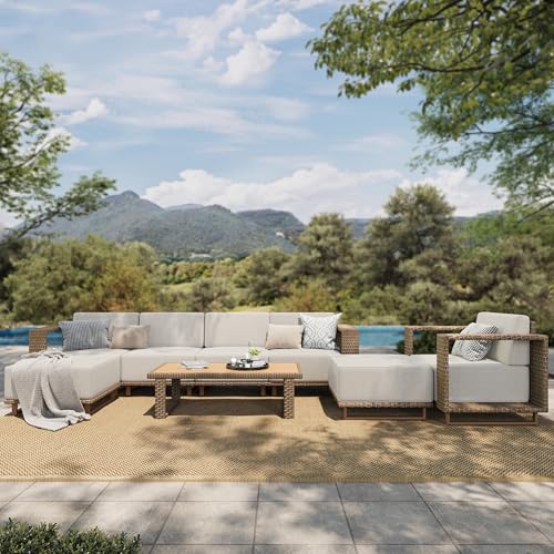 Image of HERA'S HOUSE Patio Sectional Furniture Set with 10 inch Thick Cushions, Outdoor Modular Couch Sofa Set, 7 Seats Yellow Rattan Conversation Sets for Deck Yard Lawn