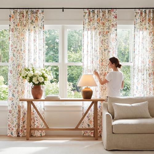 Image of jinchan Beige Floral Linen Curtains 90 Inch Cottage Core Back Tab 2 Panels | Vintage, farmhouse, light filtering, semi sheer, drapes, flower, living room, bedroom, privacy, rod pocket, window treatment