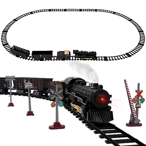 TOYANDONA Train Set with Steam Locomotive Engine, Cargo Car and Long Track, Christmas Train Sets for Under The Tree, Toy Train with, , for Kids 3-8 Years Old